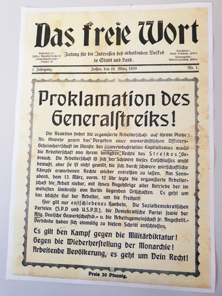 Illegal gedruckt: Bericht Gründungsparteitag KPD (Faksimile) und Aufruf zum Streik gegen den Kapp-Putsch 1920